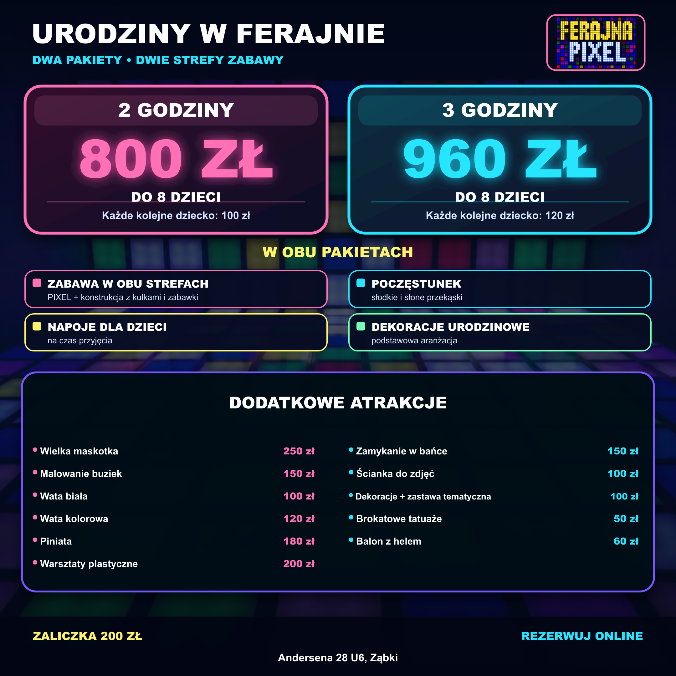 Oferta urodzinowa Ferajna PIXEL: 2 godziny za 800 zł lub 3 godziny za 960 zł do 8 dzieci